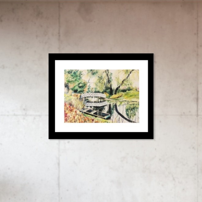 Colourful Watercolour Print River Scene of Garden Landscape 