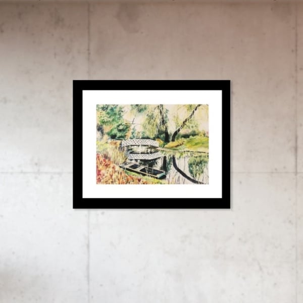 Colourful Watercolour Print River Scene of Garden Landscape 