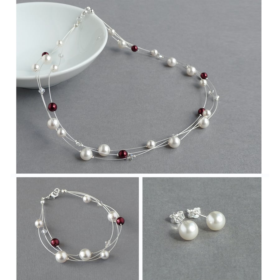 White & Burgundy Floating Pearl Jewellery Set - Necklace, Bracelet and Earrings