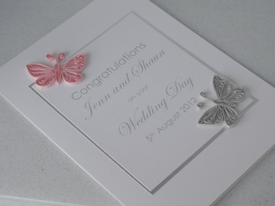 Handmade wedding card, congratulations, paper quilling butterflies