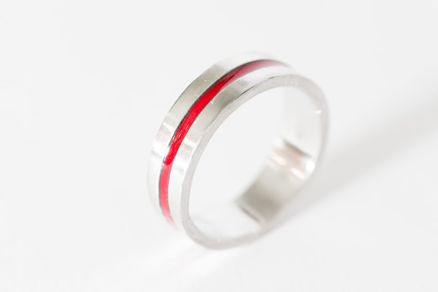 My Red Line Ring, Unique Handmade Enamel Silver Ring