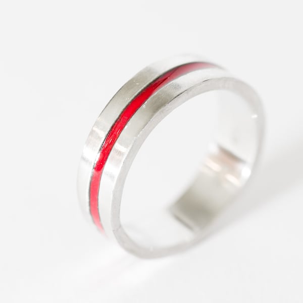 My Red Line Ring, Unique Handmade Enamel Silver Ring