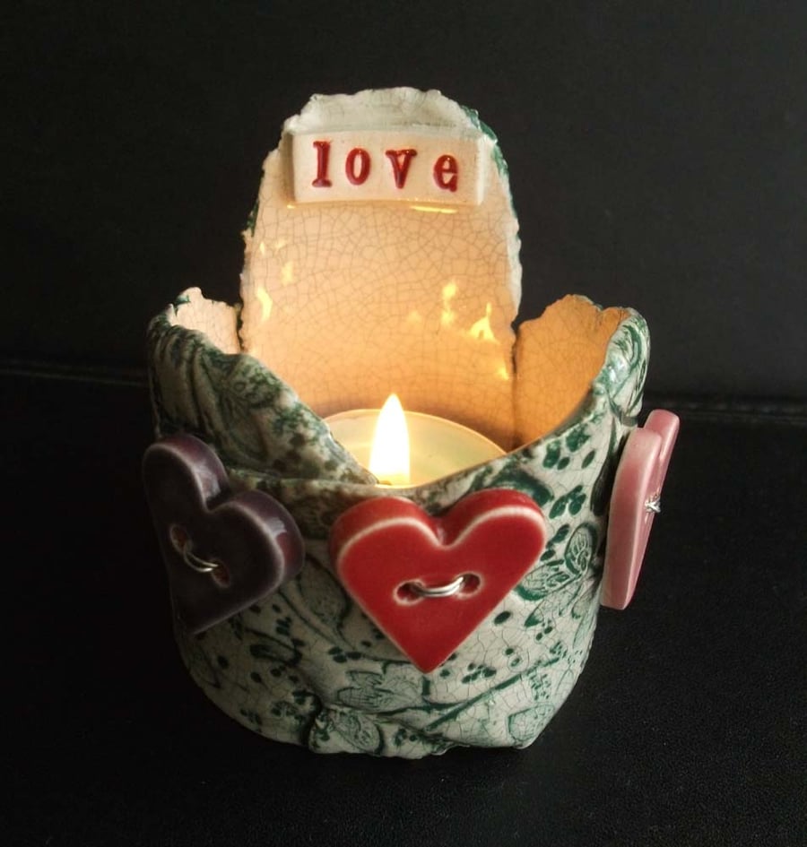 Love ceramic tea light holder with heart buttons