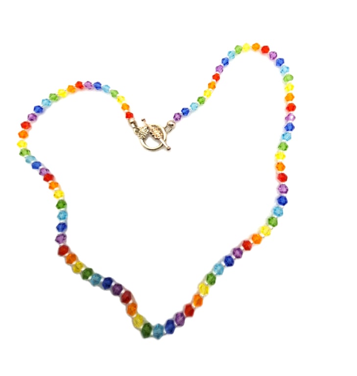 Rainbow necklace made with glass bicone crystal style beads