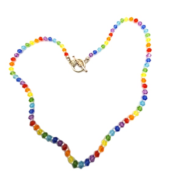 Rainbow necklace made with glass bicone crystal style beads