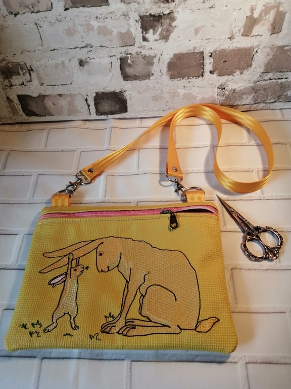 Embroidered Hare Crossbody Bag in Ochra faux leather