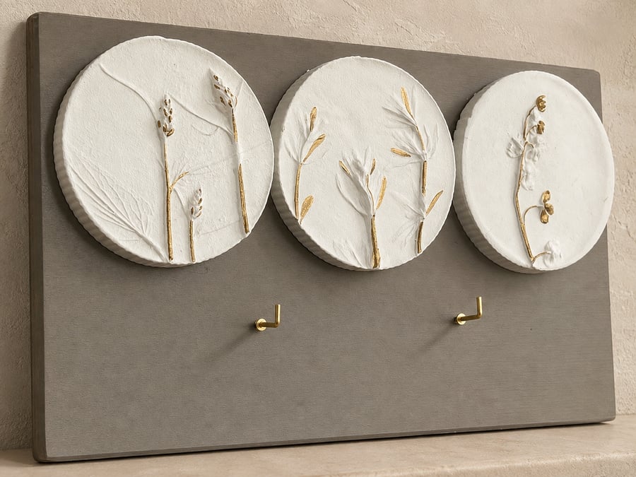 Handmade Botanical Plaster Cast Key Holder, Gold Details, Taupe Wood Wall Art