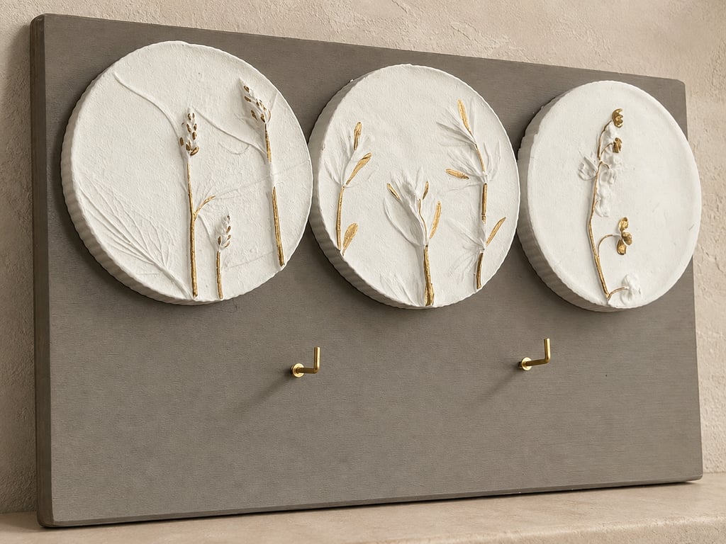 Handmade Botanical Plaster Cast Key Holder, Gold Details, Taupe Wood Wall Art
