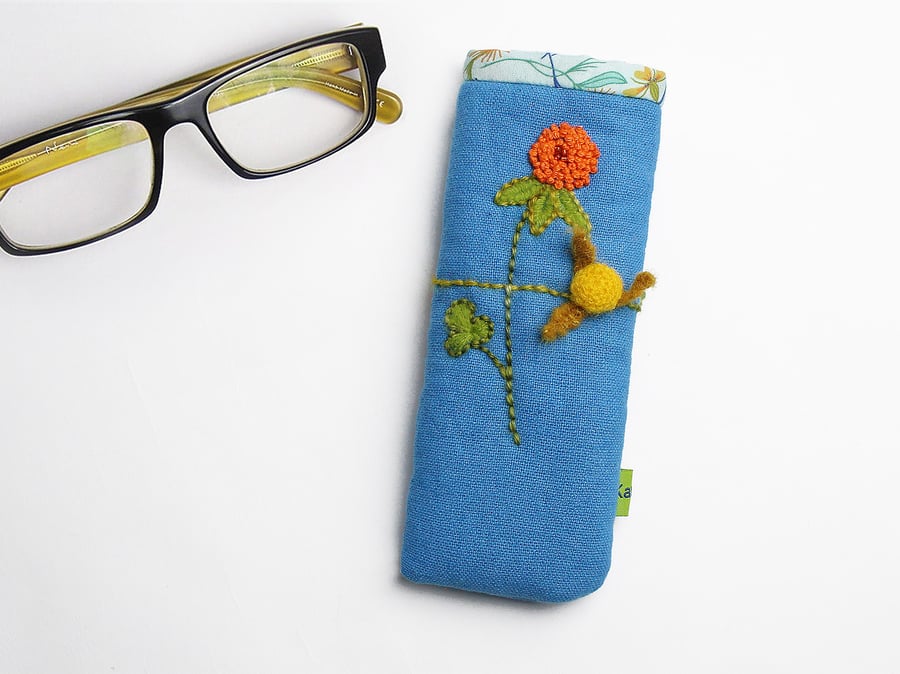 Cyan blue linen glasses case with posy chain embroidery