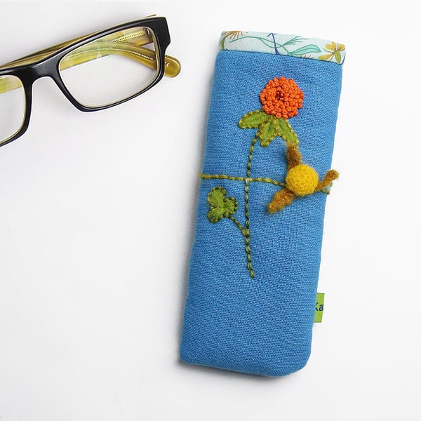 Cyan blue linen glasses case with posy chain embroidery