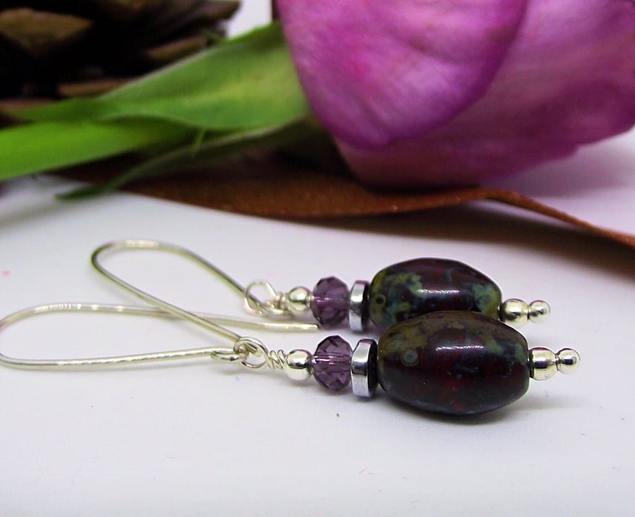 Dark red purple green earrings faux agate crystal sterling silver scottish