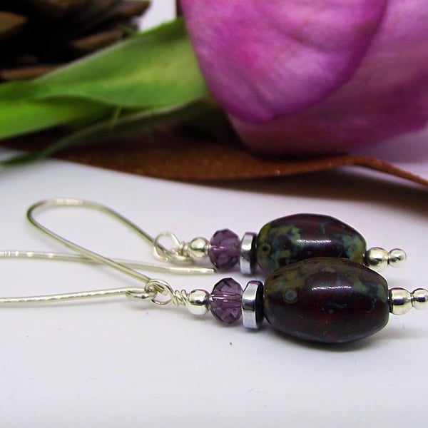 Dark red purple green earrings faux agate crystal sterling silver scottish