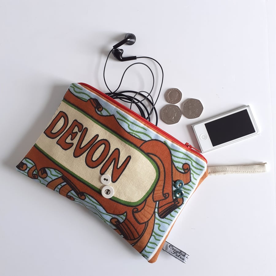 Devon upcycled vintage tea towel make up bag, pouch, purse or storage bag.