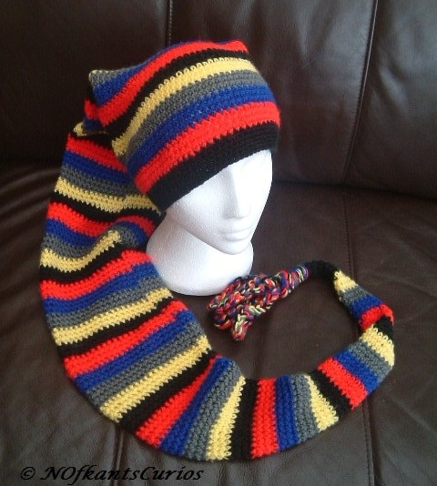 Stripe Fantastic!  Super Long Length Crocheted Hat Scarf with Looping Tassels