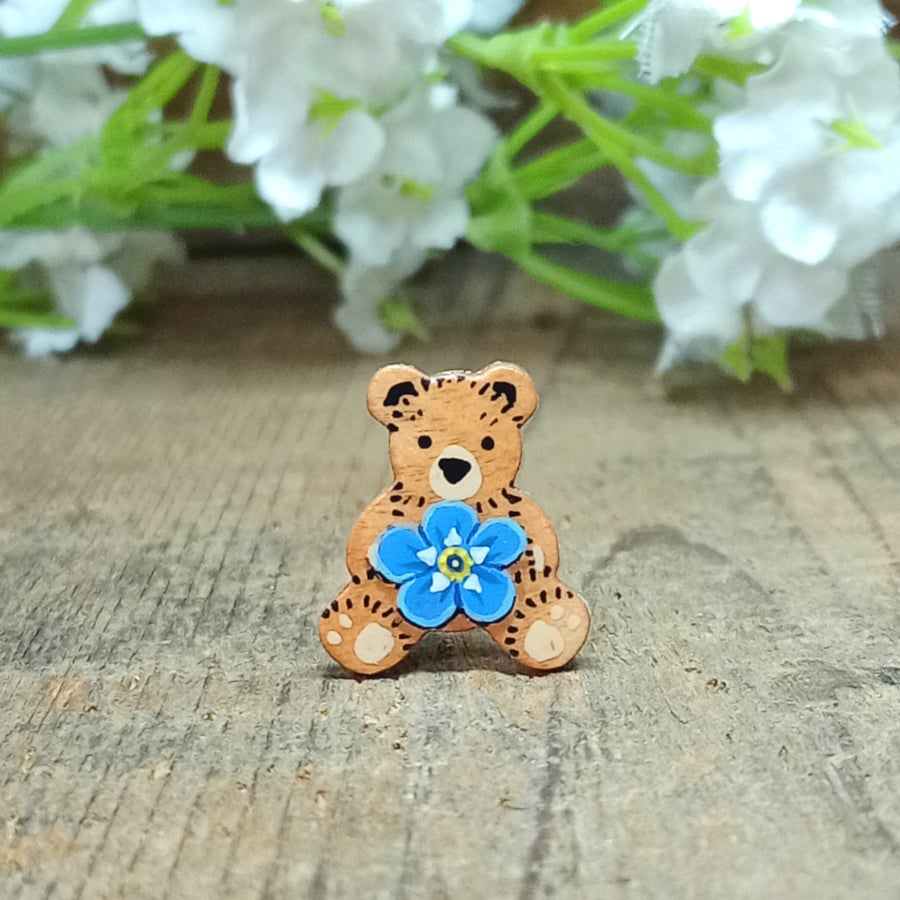Tiny Forget Me Not Bear Pin, Handmade Dementia Memorial Gift, Teddy Bear Badge
