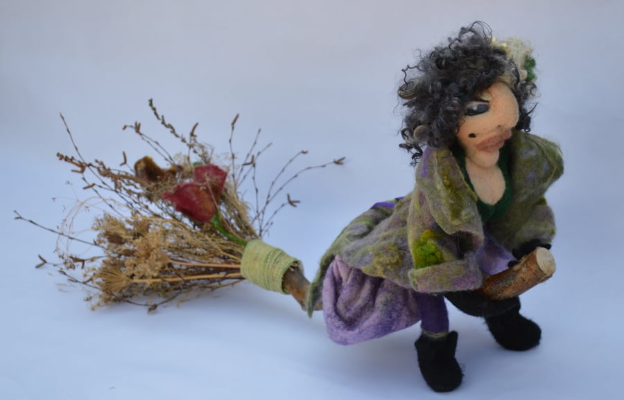 Needle felted glamorous Witch and broomstick
