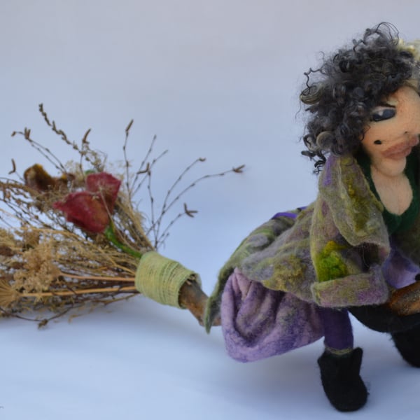 Needle felted glamorous Witch and broomstick