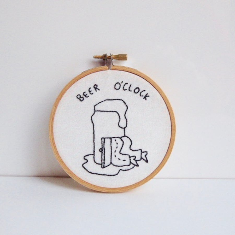 Beer lovers embroidery hoop, beer o'clock,  alternative art, textile art