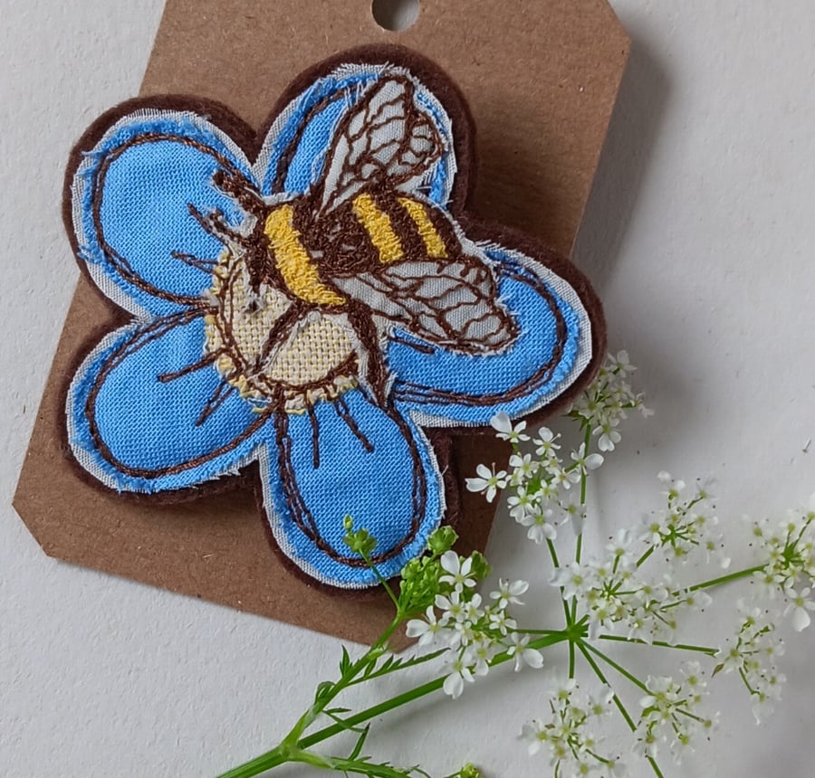 Embroidered Bumblebee on a Blue Flower Textile Brooch