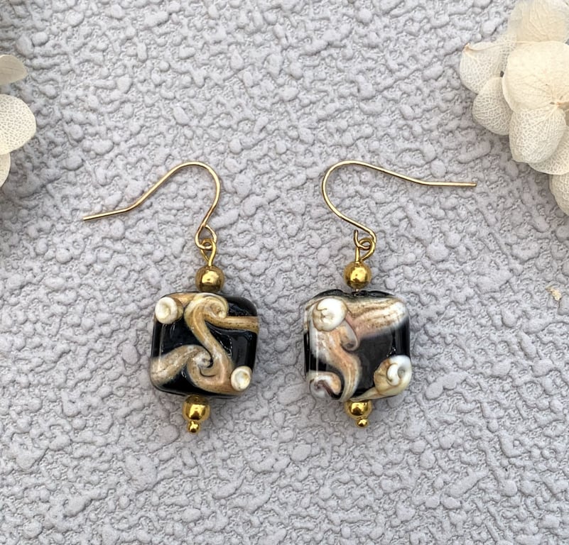 Boho Lampwork Patterned Glass Bead Drop Earrings