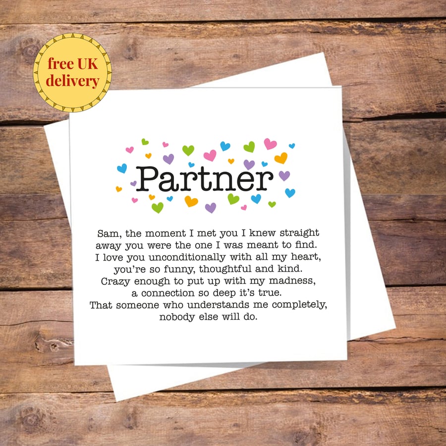 Partner Personalised Card - anniversary, valentines, love you, thank you