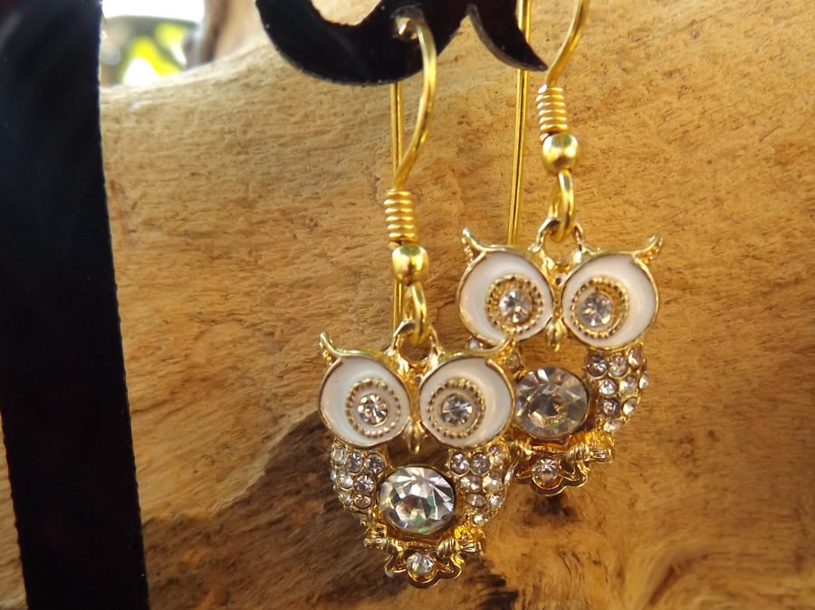 Owl charm enamel  gold earrings  with crystal