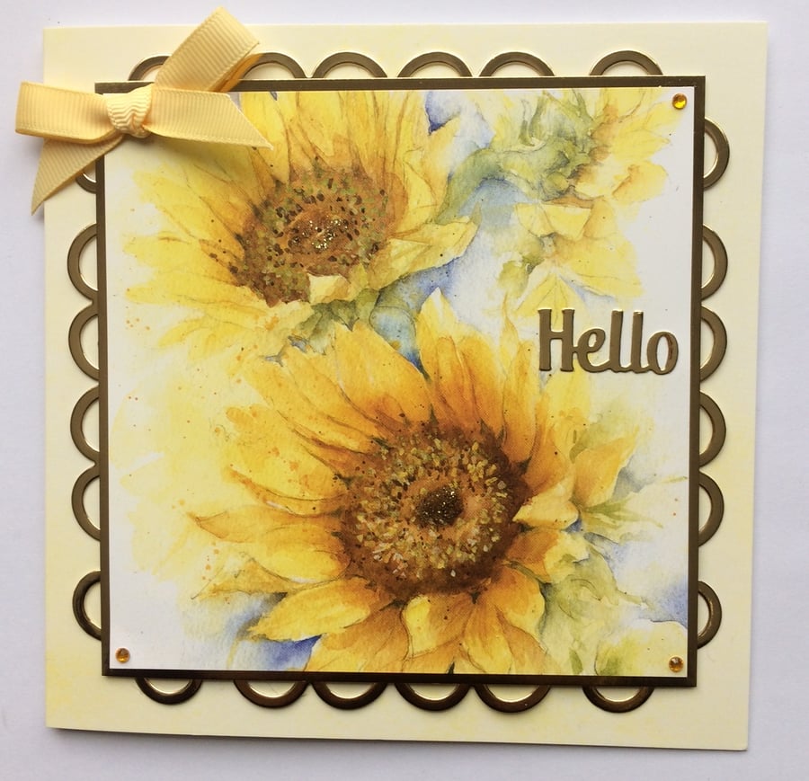 Sunflower Hello Handmade Card Yellow Sunflowers Hello 