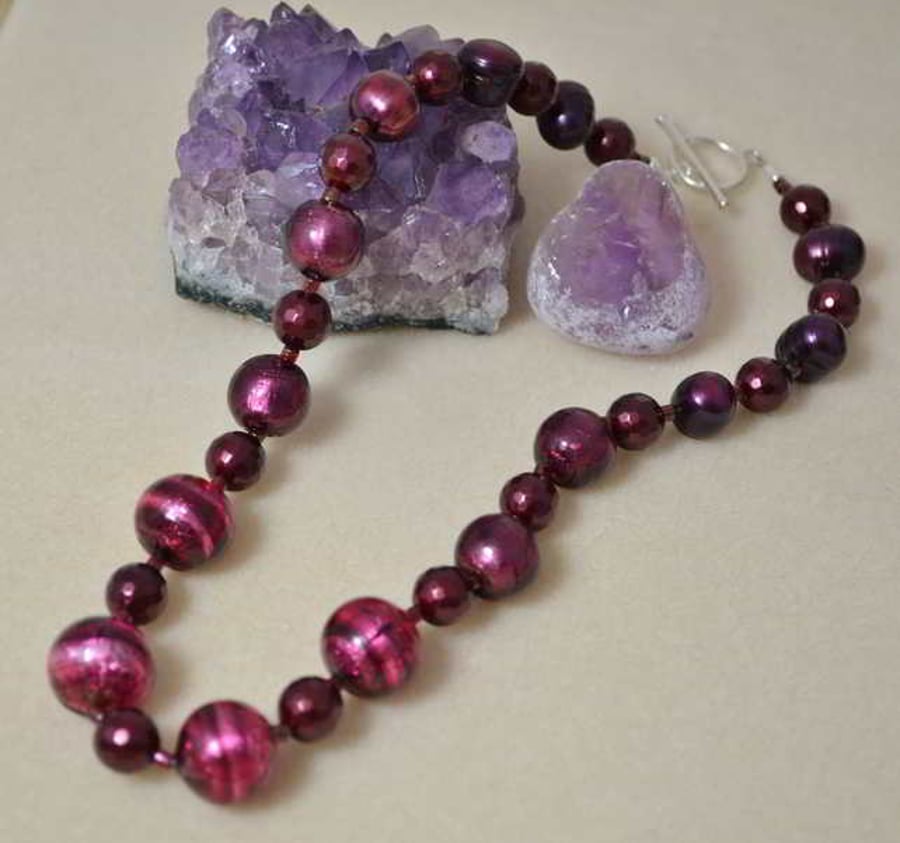 Purple Pearl & Murano Glass Necklace