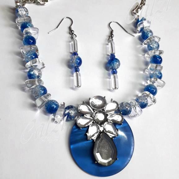Royal Blue Upcycled Vintage Button Necklace & Earrings