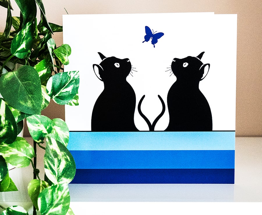 Graphic Cat and Butterfly Blank Greetings Card Cats Illustration 6 inch square 