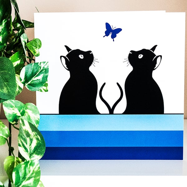 Graphic Cat and Butterfly Blank Greetings Card Cats Illustration 6 inch square 