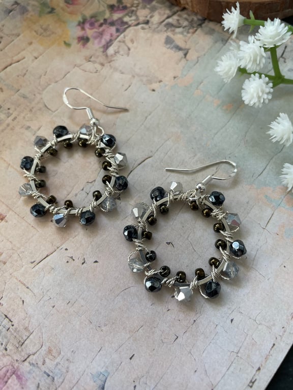 Black and silver wire wrapped hoop earring, boho dangle earrings, teen girl gift