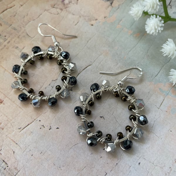 Black and silver wire wrapped hoop earring, boho dangle earrings, teen girl gift
