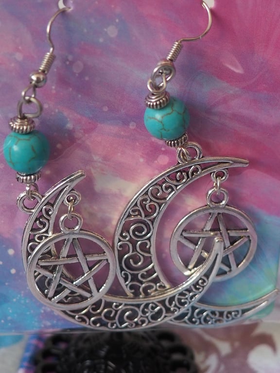 Large Turquoise Beaded Dangle Earrings with Celtic Moon and Star Charms