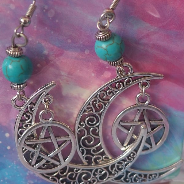 Large Turquoise Beaded Dangle Earrings with Celtic Moon and Star Charms