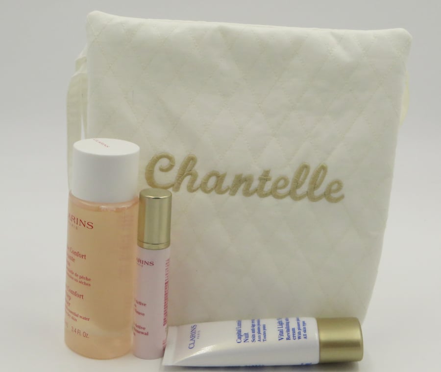 Personalised Embroidered Cosmetic Bag, Quilted wash bag with waterproof lining