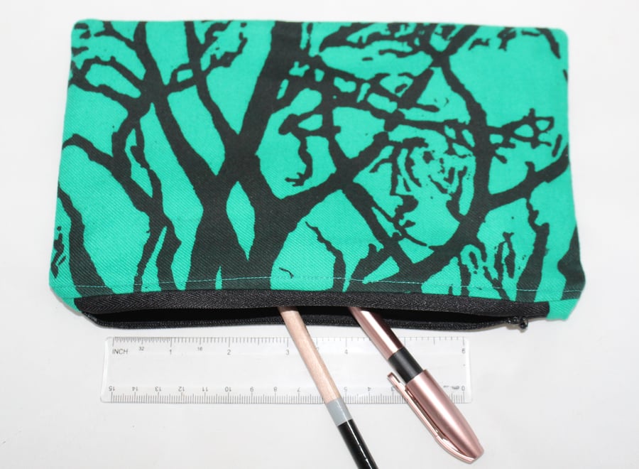 Zip up green abstract tree handprint, make up bag, pouch, pencil case, cosmetic 