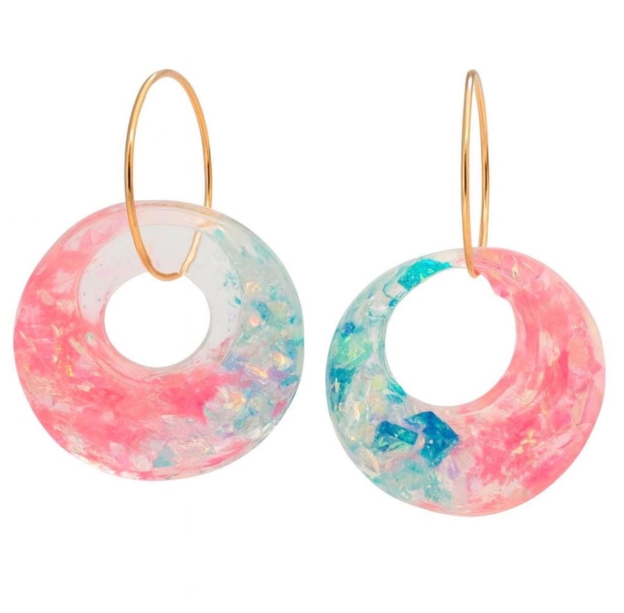 Pastel Pink & Blue Glitter Resin Donut Dangle Earrings with Gold Hoops