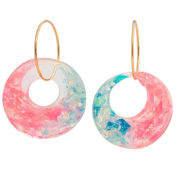 Pastel Pink & Blue Glitter Resin Donut Dangle Earrings with Gold Hoops