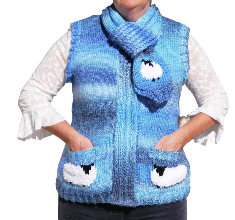 Knitting Pattern Ladies Sheep Waistcoat and Scarf.  Digital Pattern