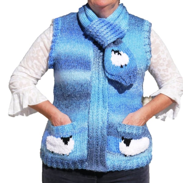 Knitting Pattern Ladies Sheep Waistcoat and Scarf.  Digital Pattern