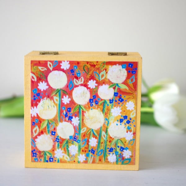 SALE Yellow Floral Trinket Box, Yellow Jewellery Box with Dandelions Art Print
