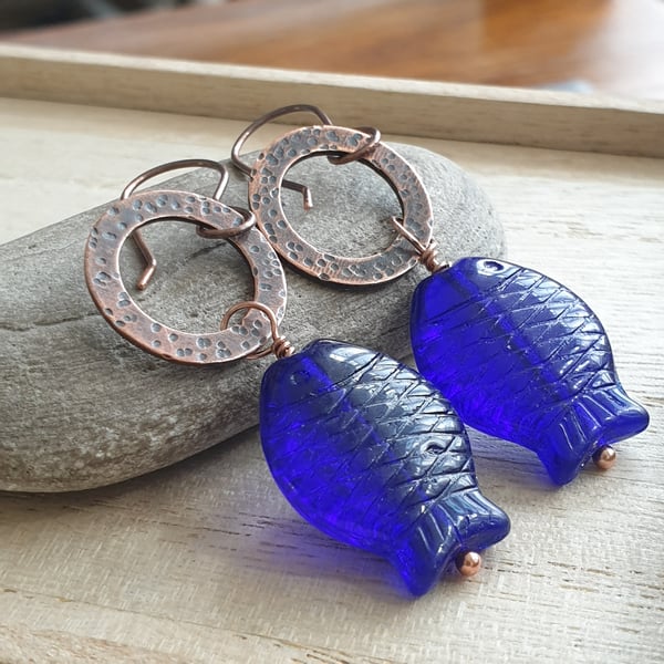 Blue fish earrings, Copper earrings, Seaside themed gift