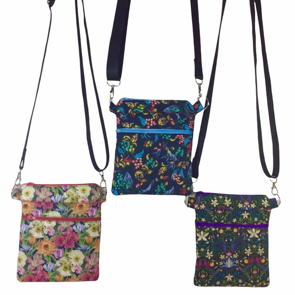 Liberty fabric slim phone shoulder bag with multi pockets, teen messenger style 