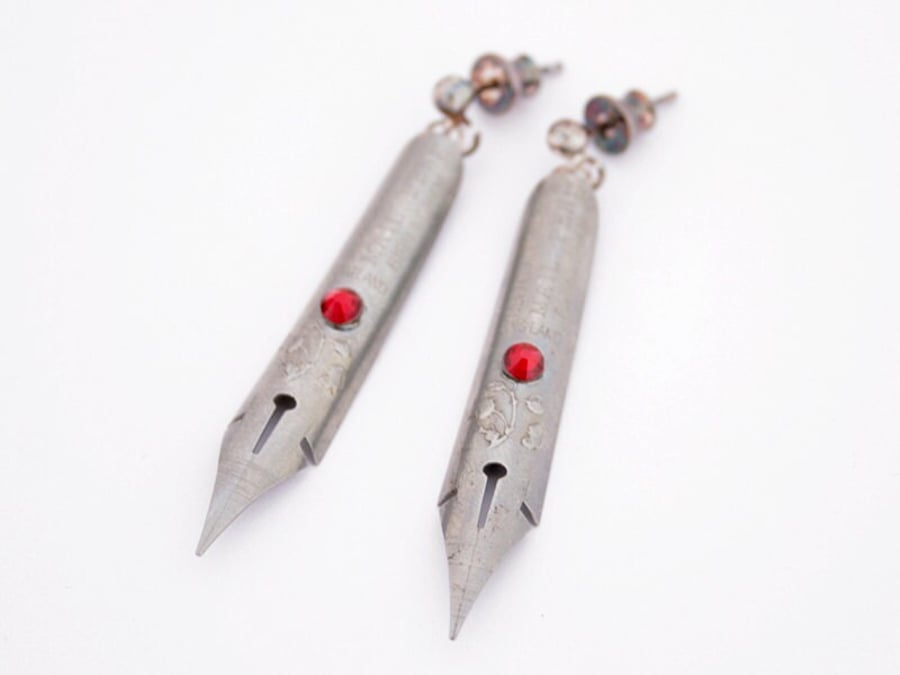 Pen Nib Dangle Earrings with Ruby Birthstone Quirky Jewellery