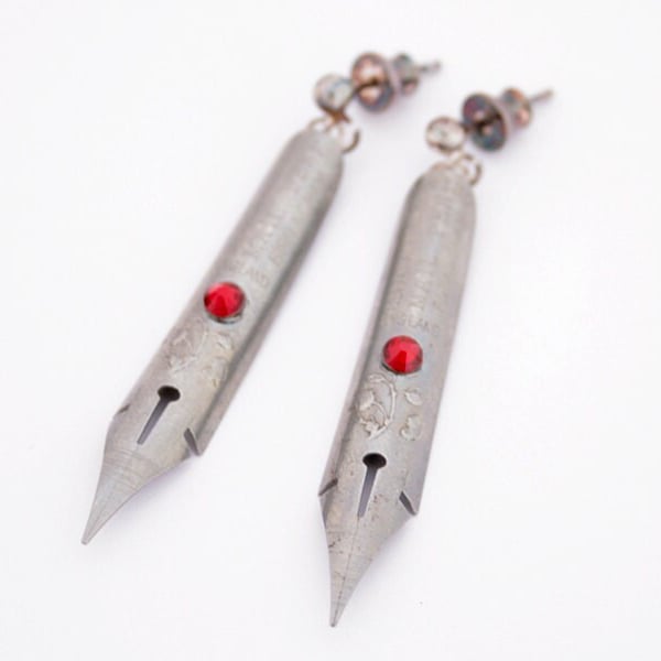 Pen Nib Dangle Earrings with Ruby Birthstone Quirky Jewellery