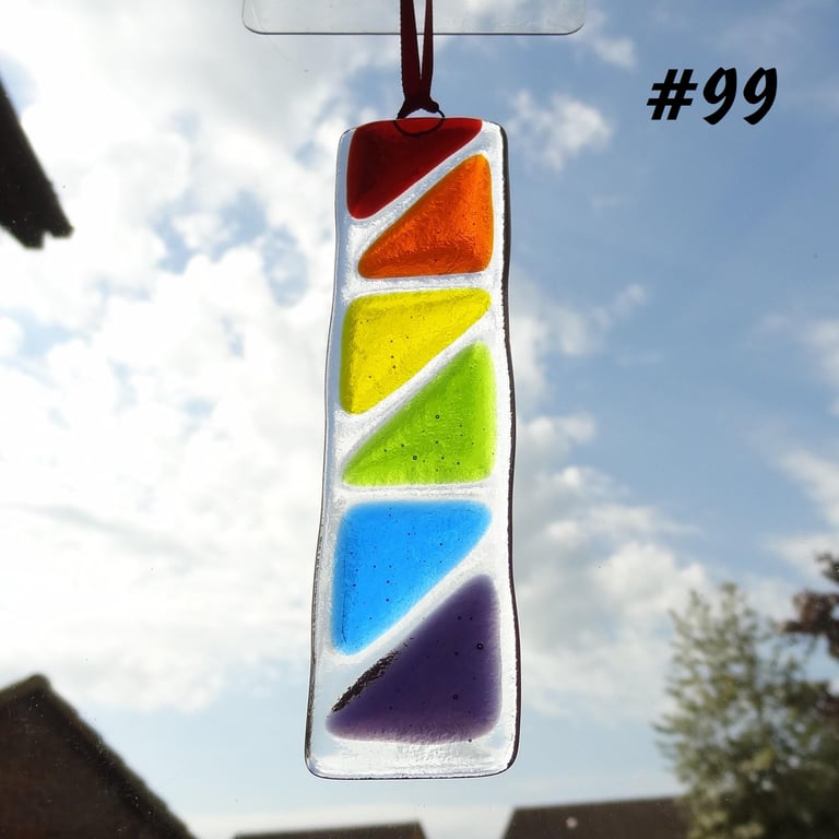 2 options - rainbow coloured triangle pattern handcrafted fused glass suncatcher