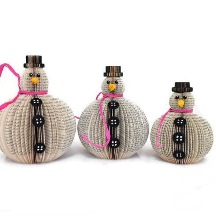 Book Art Snowman Set of 3 Christmas ornament decoration 