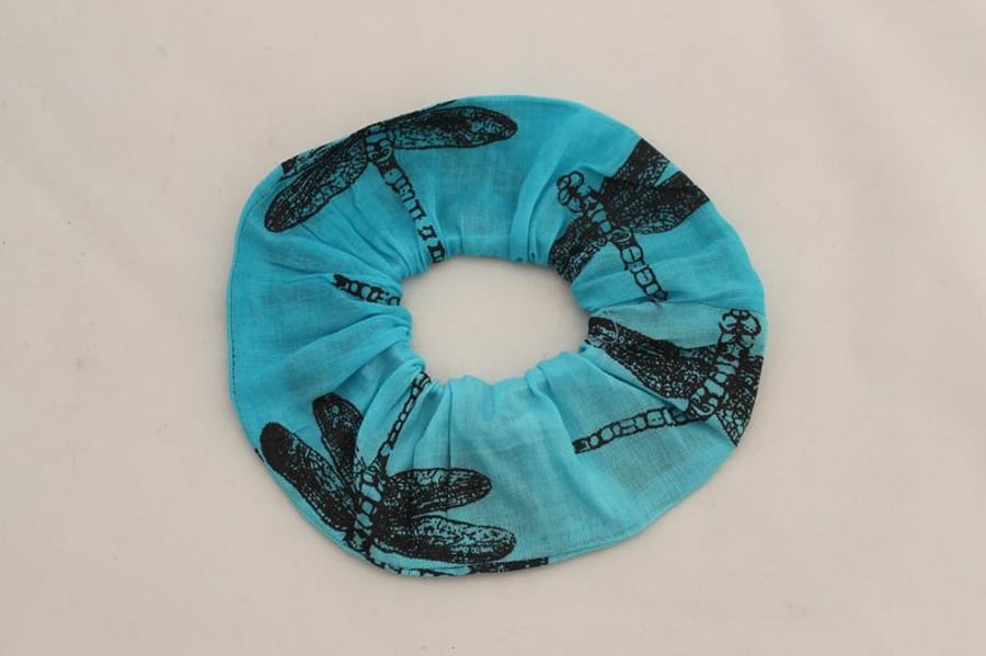 Elasticated hair scrunchie,hair tie,turquoise & black dragonfly hand print. gift
