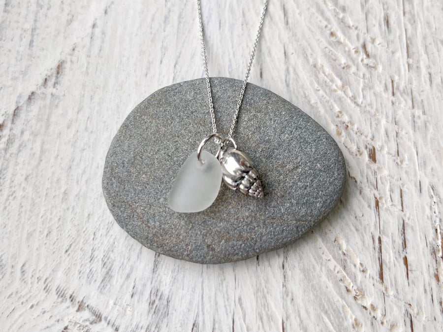 Cornish Sea Glass and Silver Coated Conch Seashell Necklace - White